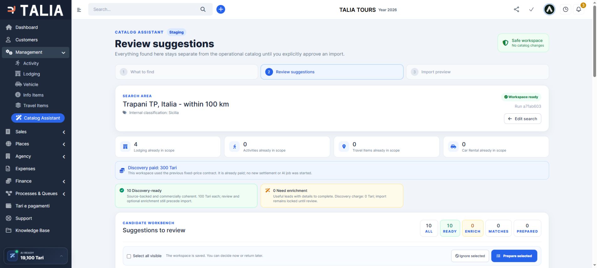 Catalog Assistant nella demo TALIA con workspace Trapani e 10 candidati da revisionare